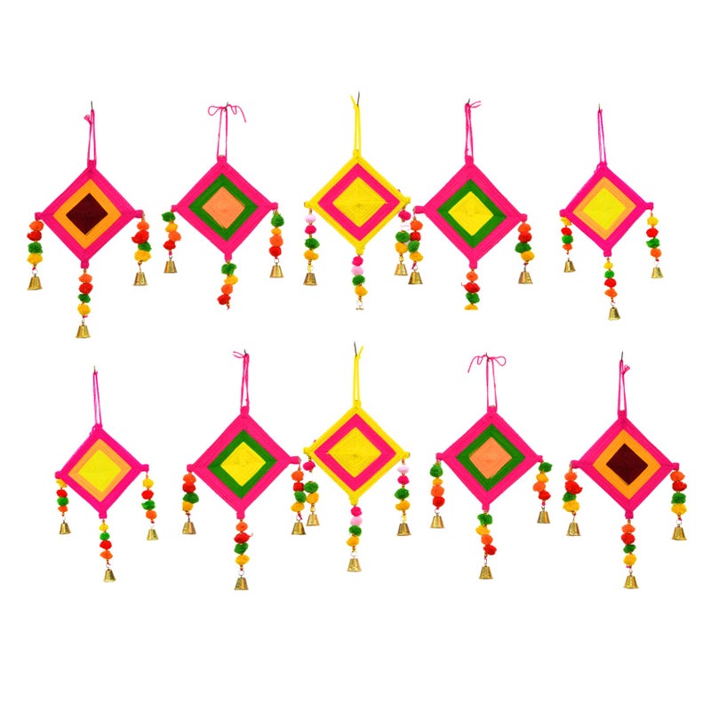 CraftVatika CraftVatika Kites Wall Pom Pom Hanging with Bells Strings Decoration for Home, Office, Door, Window, Haldi, Mehndi, Festival Decoration Items, Multicolor (10 Pc's)  - Image 1