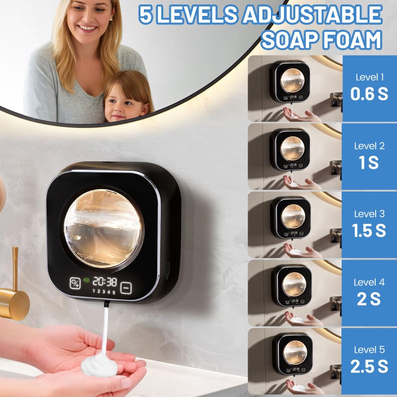 Wekity Automatic Soap Dispenser, 320ML Touchless Smart Hand Soap Dispenser, 5 Adjustable Soap Levels, Rechargeable Wall Mounted Electric Foam Soap Dispenser for Bathroom Kitchen Office (Black) - Image 2