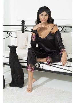 for you in&out 6-Piece Satin Embroidered Black Pajama Set S26857  - Image 5
