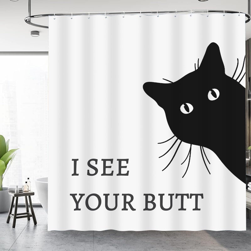 Mahrokh Funny Cat Shower Curtain - Waterproof Fabric Shower Curtain Set for Bathroom Decor - Farm Shower Curtain with 12 Hooks - 72x72 Inches - I See Your Butt - Image 2