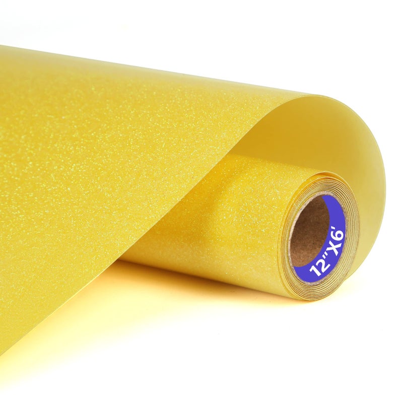SHOMKIEE Yellow Glitter HTV Heat Transfer Vinyl Rolls 12inch by 6feet PU Stretch Iron on Vinyl HTV Vinyl for TShirt for Silhouette and Cameo6Ft Z1Glitter Yellow