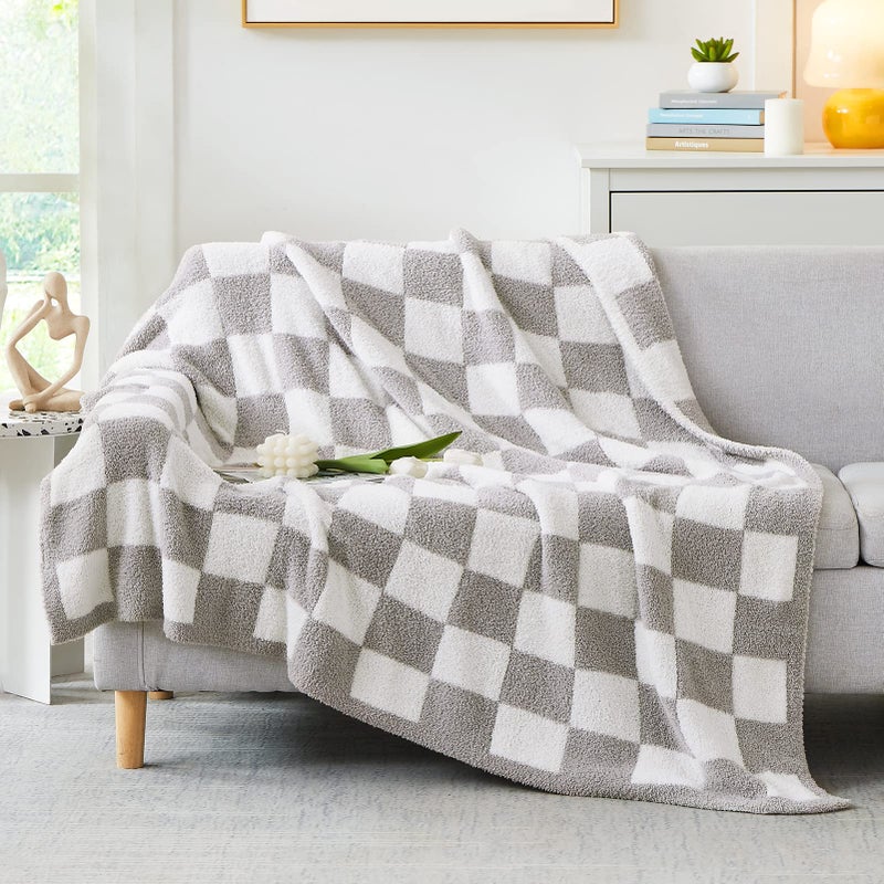 WRENSONGE Checkered Throw Blanket Light Grey Soft Cozy Fluffy Warm Hand Made Throw Blankets for Couch Sofa Chair Bed Camping Picnic Travel Lightweight Bed Blanket  5070