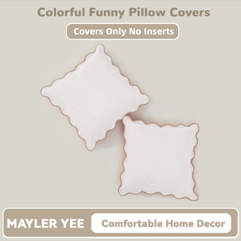 Mayler Yee Scalloped Pillow Covers Set of 2 for Living Room | Decorative Sofa Couch Pillows | Boho Sytle Decorative Home | Aesthetic Funky Preppy Pillow Cases (Beige & Brown, 26x26 Inch) - Image 4