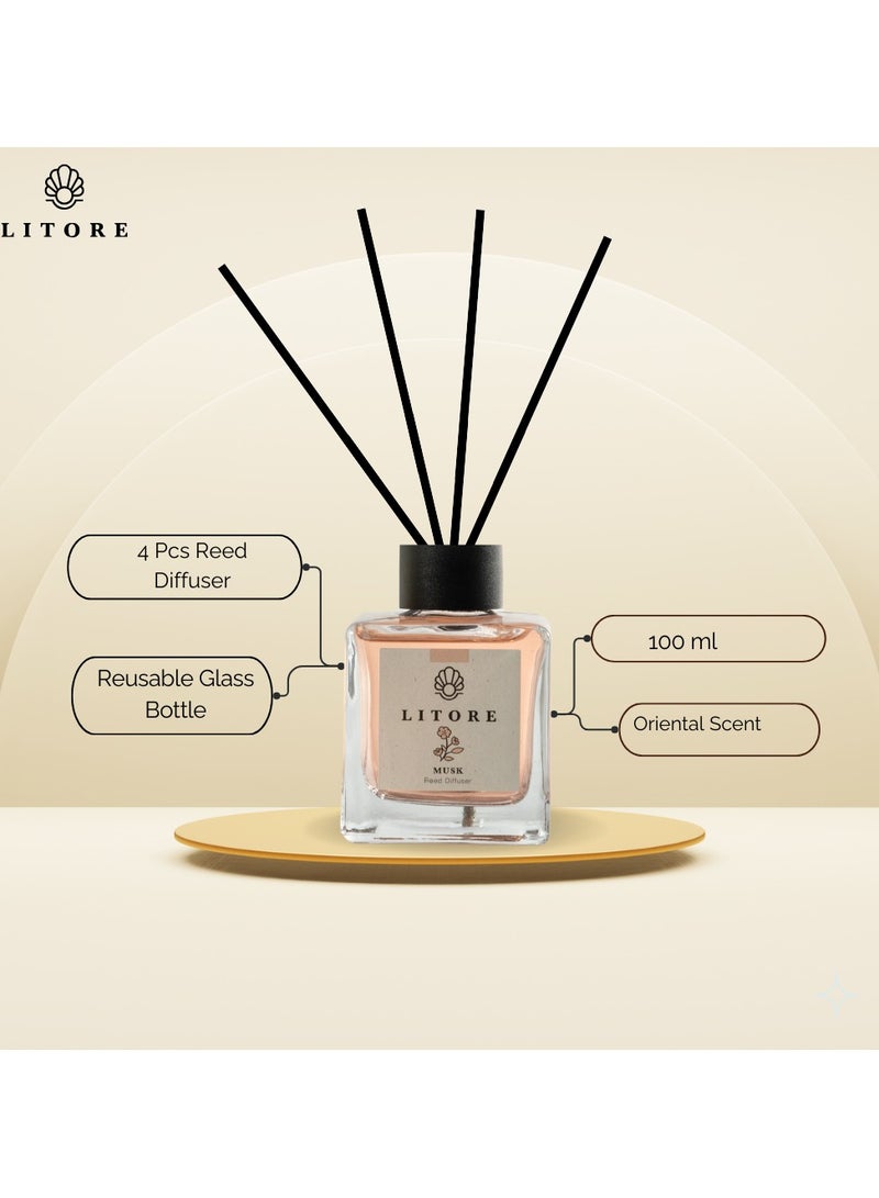 Litore Reed Diffuser - Musk Fragrance, 100ml | Long-Lasting Home Fragrance | Natural & Elegant Room Diffuser - Image 4