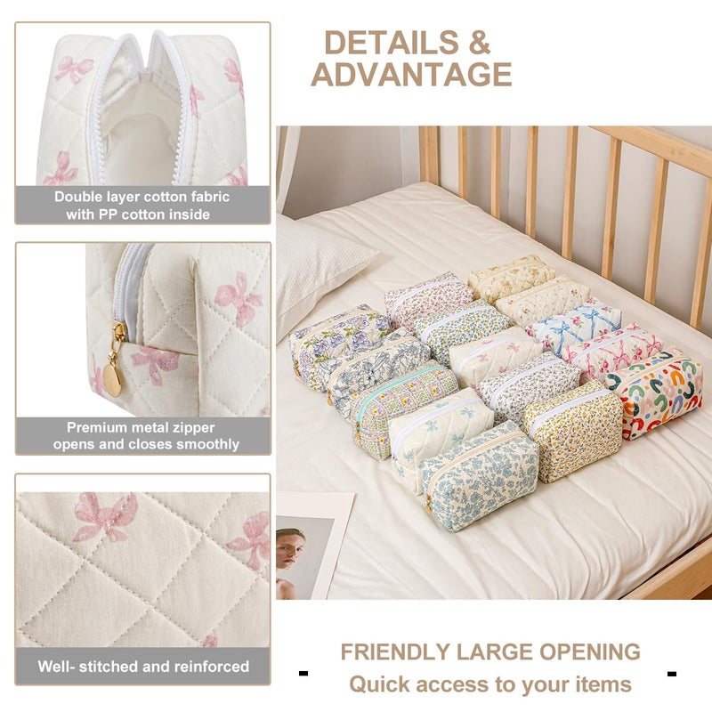 Gleyemor Small Quilted Makeup Bag for Women, Cute Floral Bow Cosmetic Bag, Emergency Bag Travel Toiletry Cotton Pouch Gifts for Girls Her Mom Friend Sister Bridesmaid (Small Pink Bowknot) - Image 4