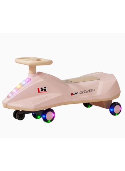 A swaying car that operates with oscillation, rotation, turns and tilt movements for steering, with polyurethane wheels, music and flashing LED lighting for children of both sexes
