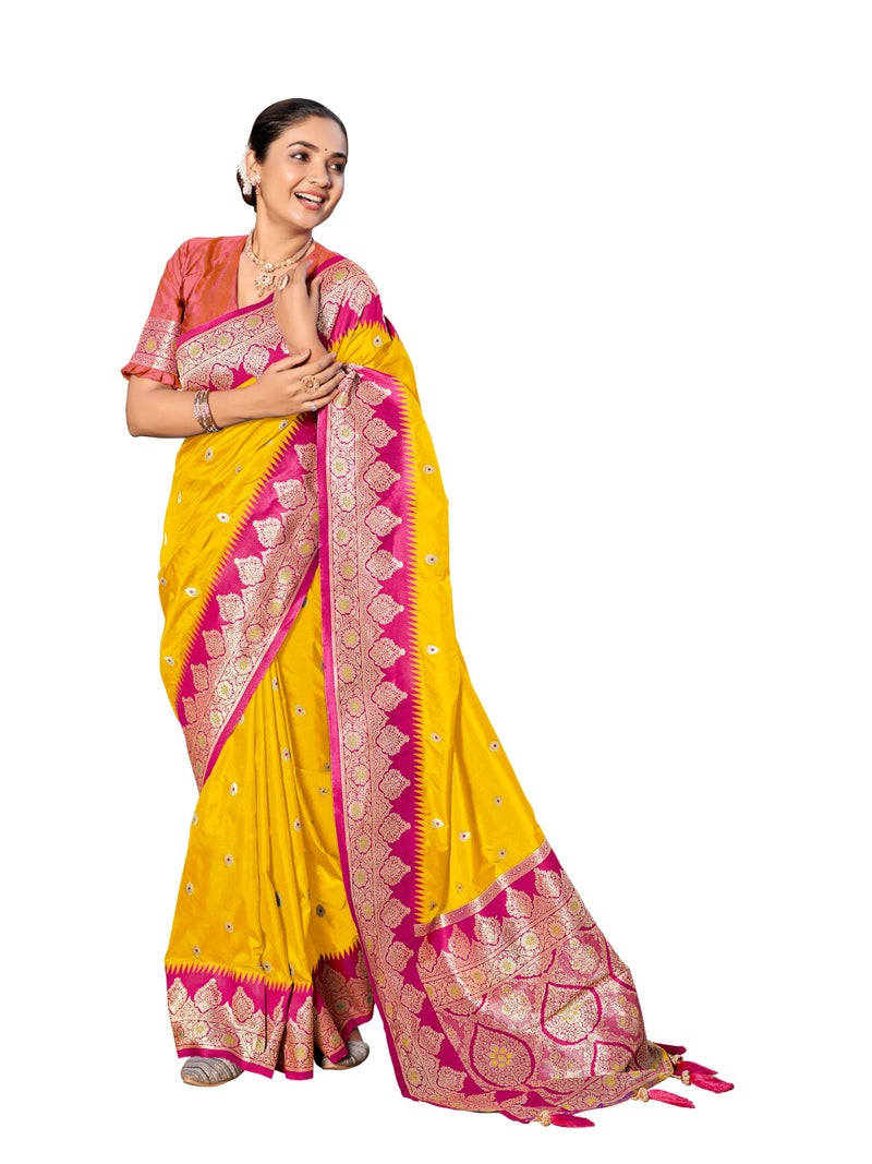 MANOHARI Women's Trendy Banarasi Silk Woven Yellow and Pink Saree With Heavy Jacquard Work Saree With Orange Blouse Piece_MN2013 - Image 1