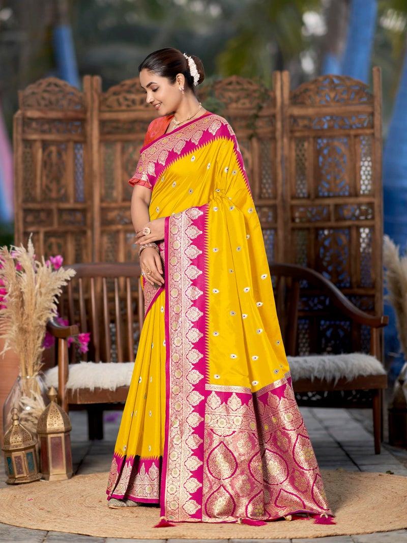 MANOHARI Women's Trendy Banarasi Silk Woven Yellow and Pink Saree With Heavy Jacquard Work Saree With Orange Blouse Piece_MN2013 - Image 3