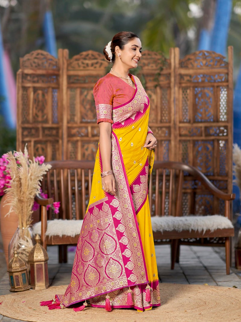 MANOHARI Women's Trendy Banarasi Silk Woven Yellow and Pink Saree With Heavy Jacquard Work Saree With Orange Blouse Piece_MN2013 - Image 5