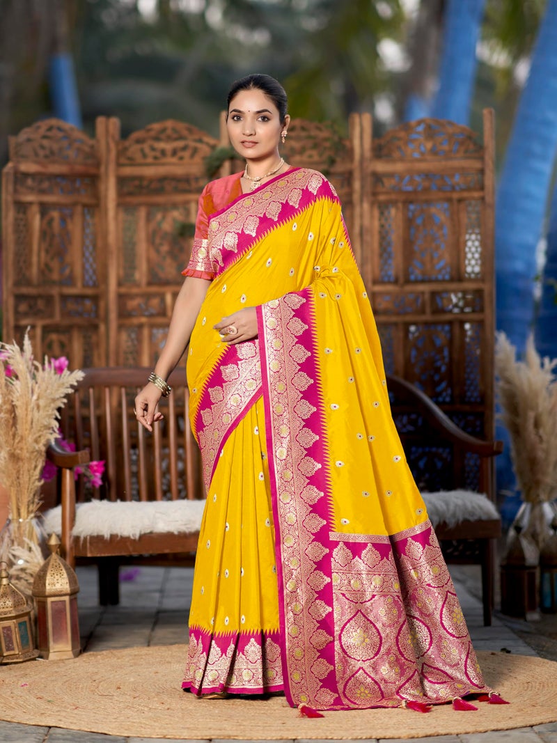 MANOHARI Women's Trendy Banarasi Silk Woven Yellow and Pink Saree With Heavy Jacquard Work Saree With Orange Blouse Piece_MN2013 - Image 2