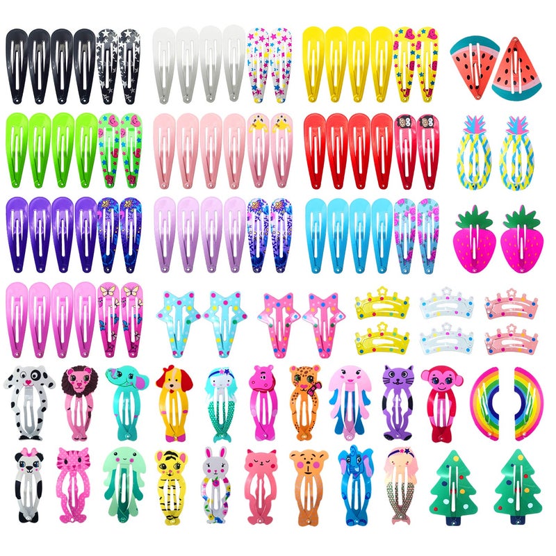 Funtopia Hair Clips for Girls,100 Pcs No Slip Metal Snap, Barrettes for Kids Teens Women, Cute Candy Color Cartoon Design Hair Pins (Animals Fruits Crowns Stars) - Image 1