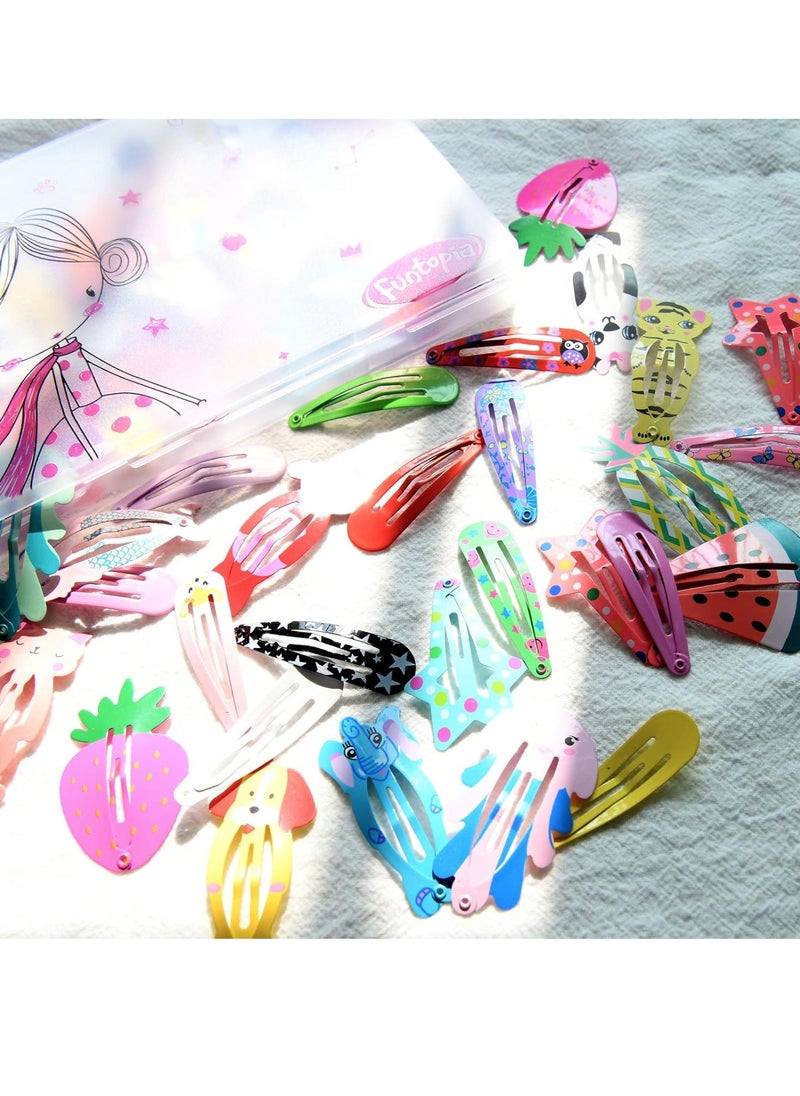 Funtopia - Funtopia Hair Clips for Girls,100 Pcs No Slip Metal Snap, Barrettes for Kids Teens Women, Cute Candy Color Cartoon Design Hair Pins (Animals Fruits Crowns Stars) - Image 1