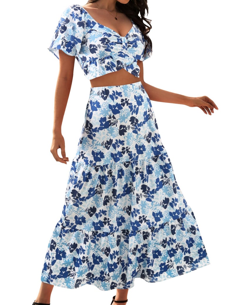 DRESSTELLS Women's 2 Piece Outfits, Floral Top Skirts Set, Spring Easter Dresses, Maxi Summer Tropical Boho Vacation Beach Suits 2026 Blue Floral S - Image 1