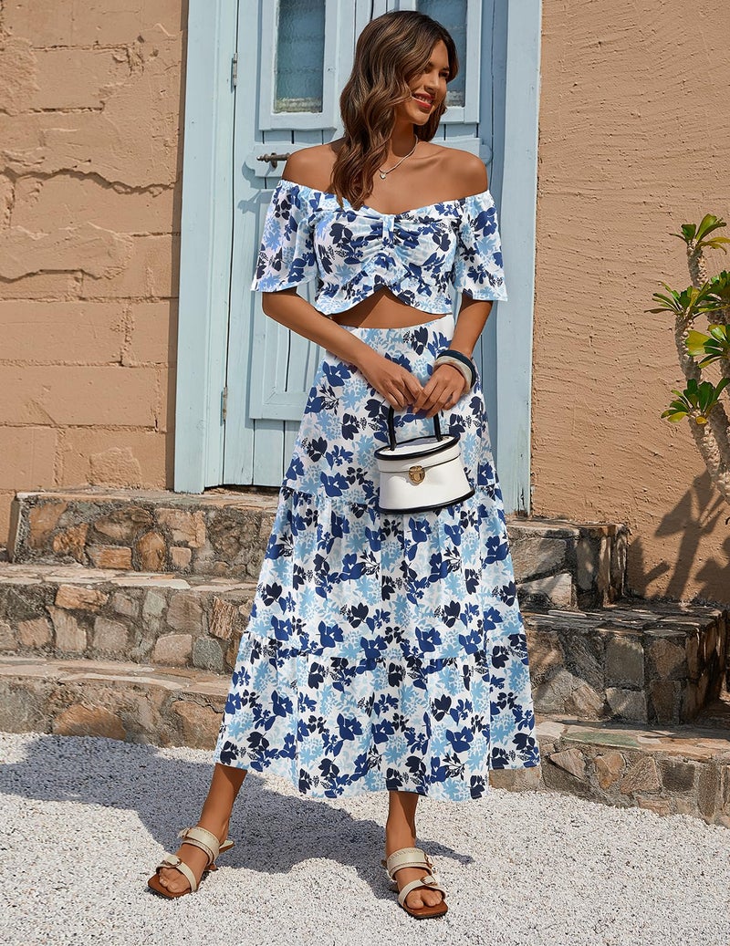 DRESSTELLS Women's 2 Piece Outfits, Floral Top Skirts Set, Spring Easter Dresses, Maxi Summer Tropical Boho Vacation Beach Suits 2026 Blue Floral S - Image 4
