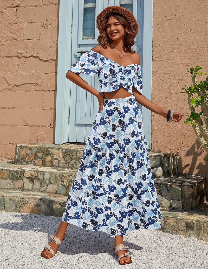 DRESSTELLS Women's 2 Piece Outfits, Floral Top Skirts Set, Spring Easter Dresses, Maxi Summer Tropical Boho Vacation Beach Suits 2026 Blue Floral S - Image 5