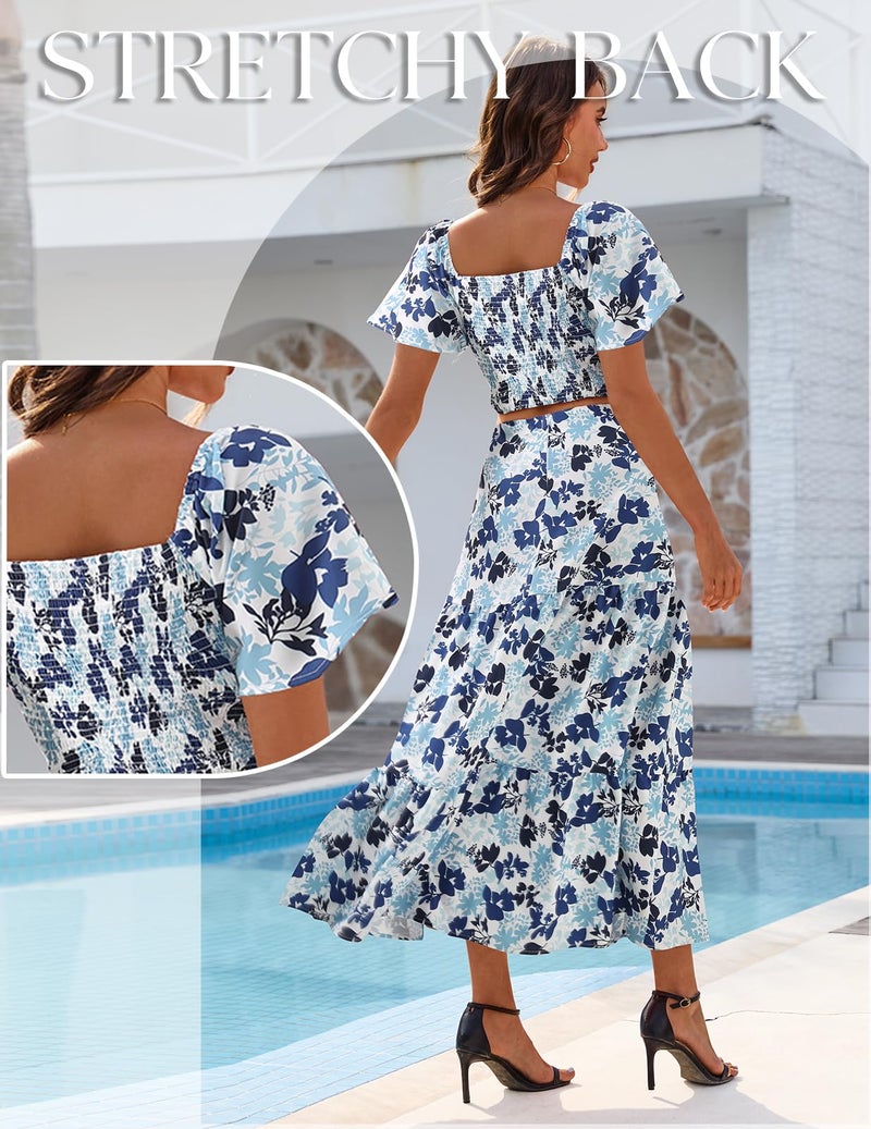 DRESSTELLS Women's 2 Piece Outfits, Floral Top Skirts Set, Spring Easter Dresses, Maxi Summer Tropical Boho Vacation Beach Suits 2026 Blue Floral S - Image 3