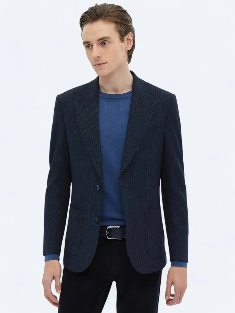 Kip Navy Blue Striped Comfort Fit Jacket