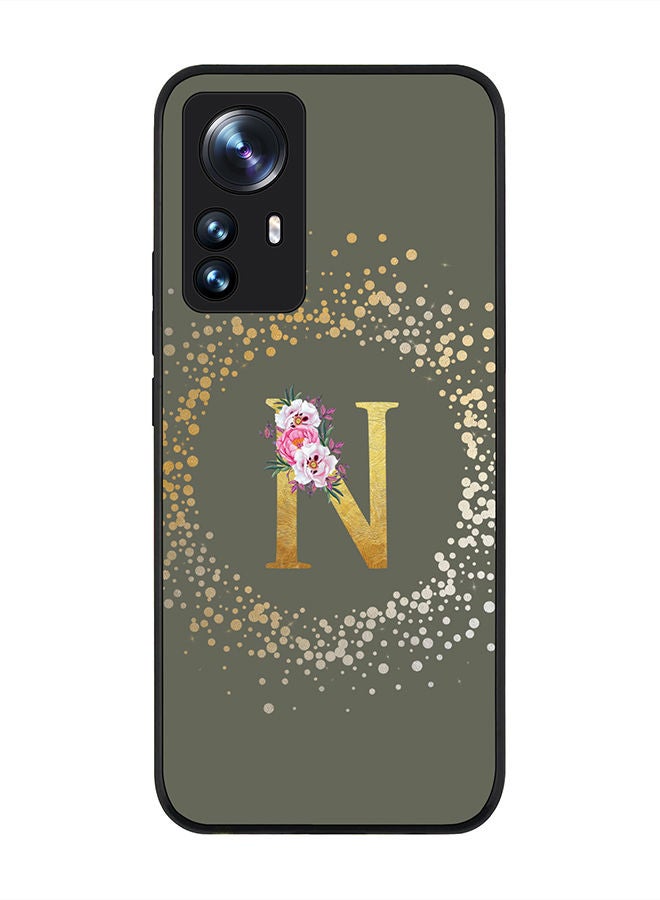 Stylizedd Rugged Black edge case for Xiaomi 12 Pro Slim fit Soft Case Flexible Rubber Edges TPU Gel Thin Cover - Custom Monogram Initial Letter Floral Pattern Alphabet - N (Olive Green) - Image 1