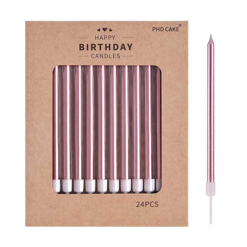 PHD CAKE Rose Gold Long Thin Metallic Birthday Candles, Cake Candles, Birthday Parties, Wedding Decorations, Party Candles - Image 1