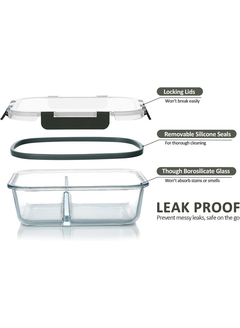Happy Home 1 Pack 2-Compartment Glass Meal Prep Containers 1400ml Airtight Glass Lunch Containers, Glass Food Storage Containers with Lids, Suitable for Microwave, Oven, Freezer and Dishwasher - Image 3
