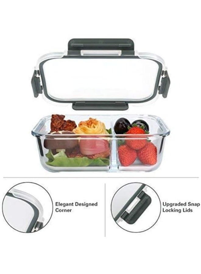Happy Home 1 Pack 2-Compartment Glass Meal Prep Containers 1400ml Airtight Glass Lunch Containers, Glass Food Storage Containers with Lids, Suitable for Microwave, Oven, Freezer and Dishwasher - Image 2