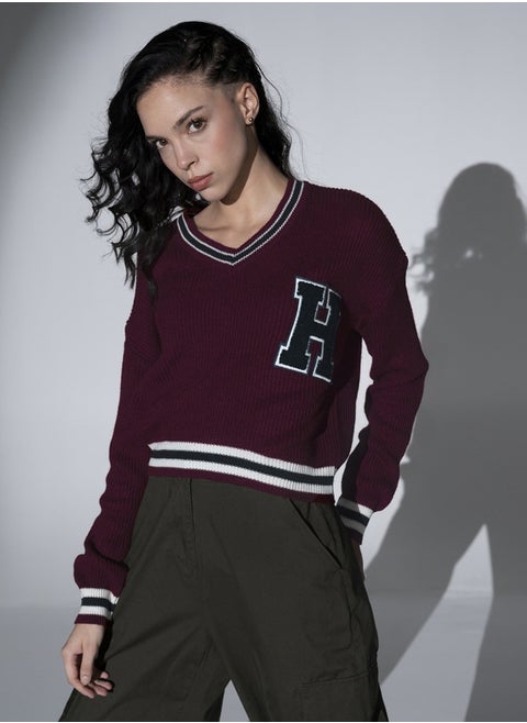 Women's Maroon 100% Acrylic Regular Fit Sweater