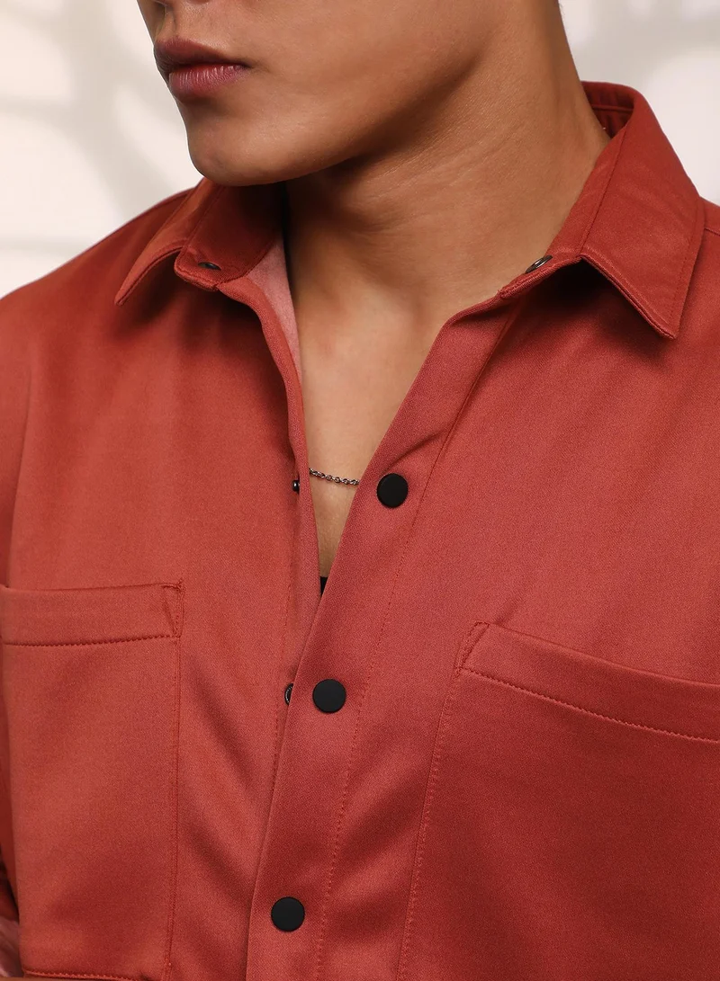 Campus Sutra Men's Terracotta Brown Solid Utility Shacket
