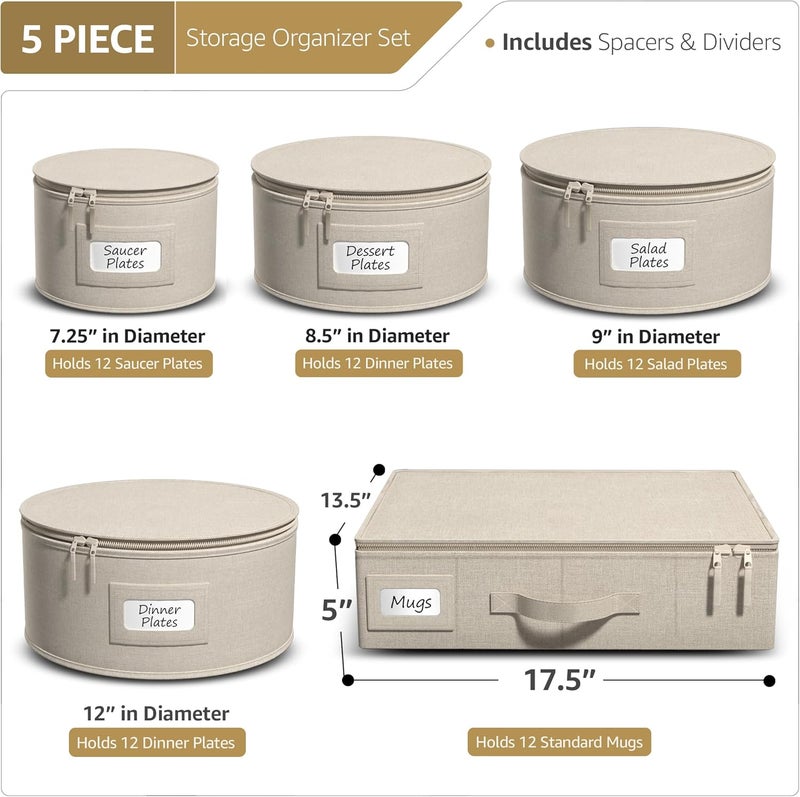 Sorbus China Storage Containers Hard Shell  Glass  Dish Storage Containers for Transport Moving Party  5 Pc Stackable Plate Storage Set for Dinnerware Mugs Cups  Felt Plate Protector included - Image 2