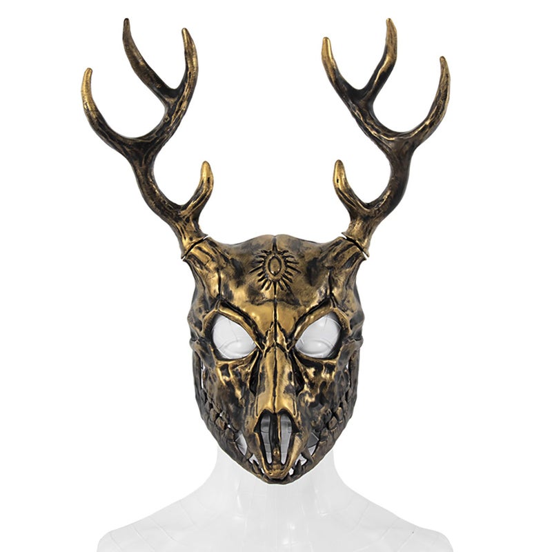 whitefeather Deer Mask Halloween Horror Full Face Deer Skull Adjustable Big Horns Mask Christmas Carnival Masquerade Party Cosplay Props (gold) - Image 1