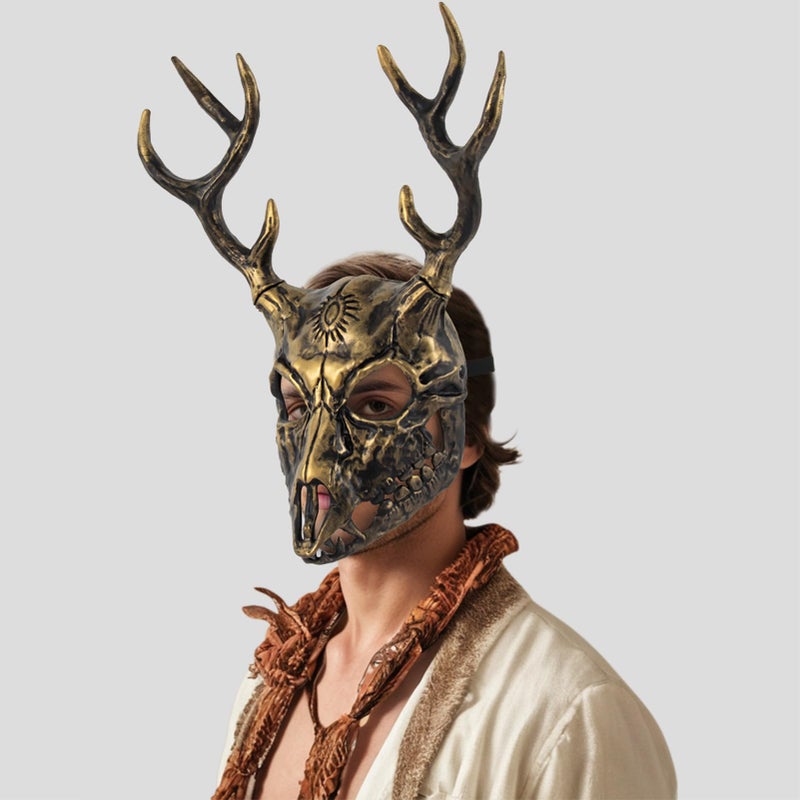 whitefeather Deer Mask Halloween Horror Full Face Deer Skull Adjustable Big Horns Mask Christmas Carnival Masquerade Party Cosplay Props (gold) - Image 5