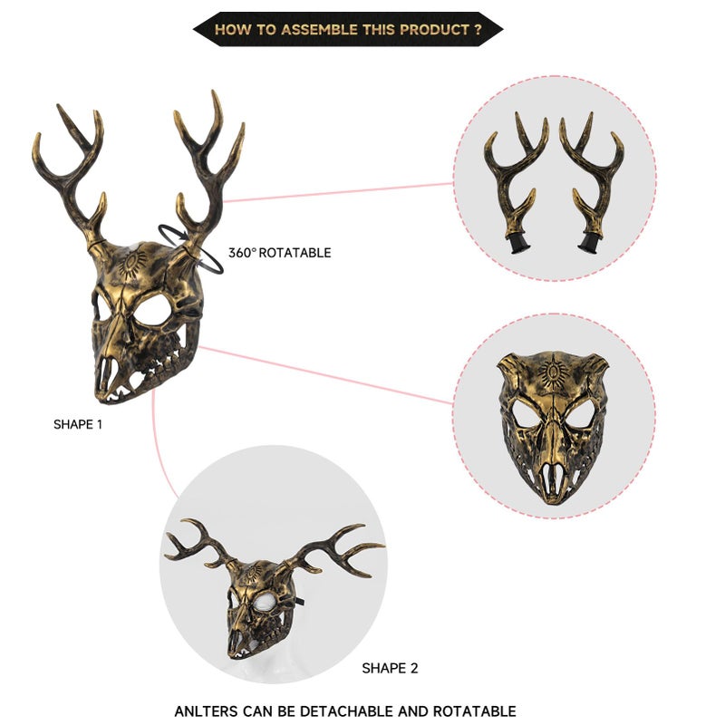 whitefeather Deer Mask Halloween Horror Full Face Deer Skull Adjustable Big Horns Mask Christmas Carnival Masquerade Party Cosplay Props (gold) - Image 4