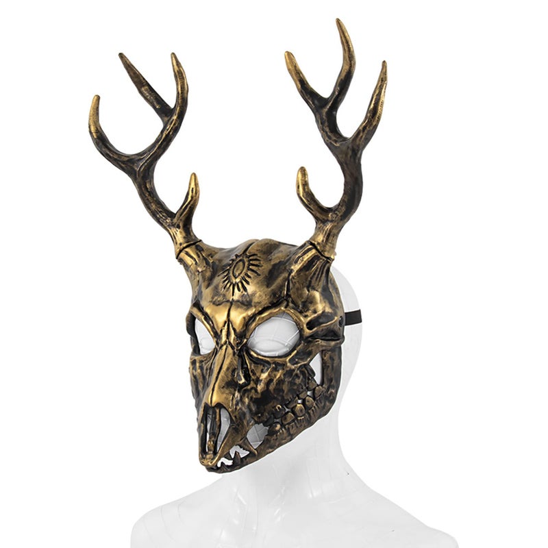 whitefeather Deer Mask Halloween Horror Full Face Deer Skull Adjustable Big Horns Mask Christmas Carnival Masquerade Party Cosplay Props (gold) - Image 2
