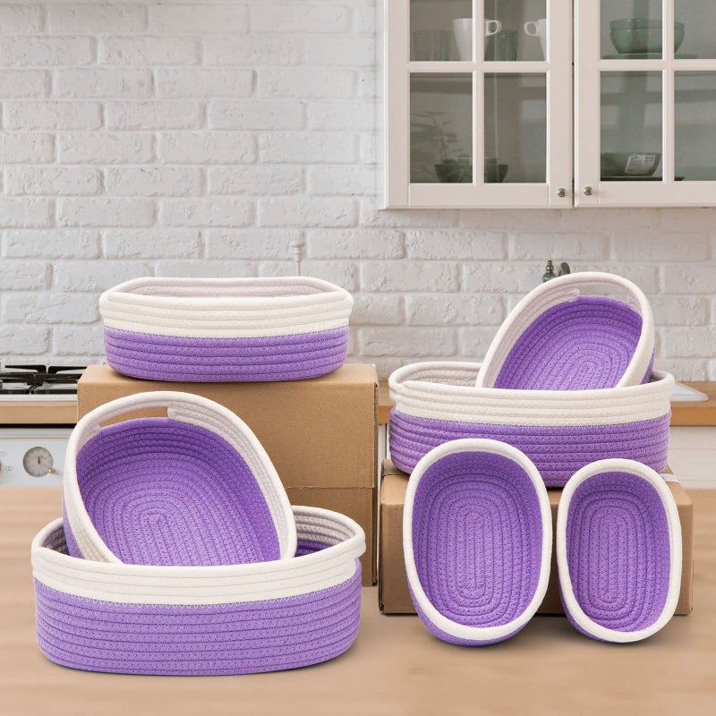 HLWDFLZ 7 Piece Cotton Rope Woven Basket Set - Small Basket for Baby Nursery, Pets, Montessori, Dog & Cat Toy Boxes, Bathroom Organization Bins (White/Purple) - Image 4