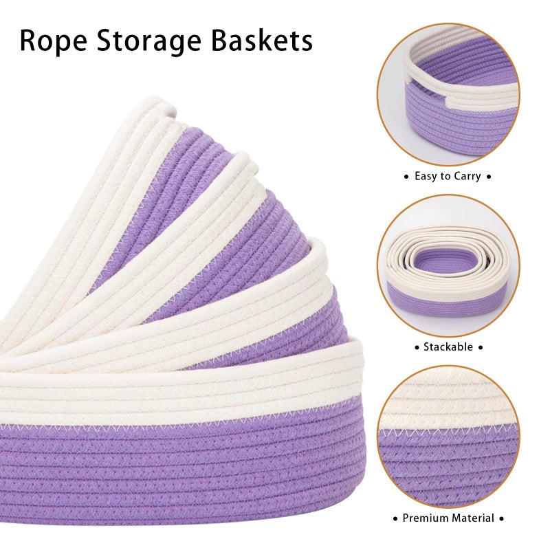 HLWDFLZ 7 Piece Cotton Rope Woven Basket Set - Small Basket for Baby Nursery, Pets, Montessori, Dog & Cat Toy Boxes, Bathroom Organization Bins (White/Purple) - Image 3