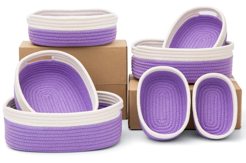 HLWDFLZ 7 Piece Cotton Rope Woven Basket Set - Small Basket for Baby Nursery, Pets, Montessori, Dog & Cat Toy Boxes, Bathroom Organization Bins (White/Purple) - Image 1