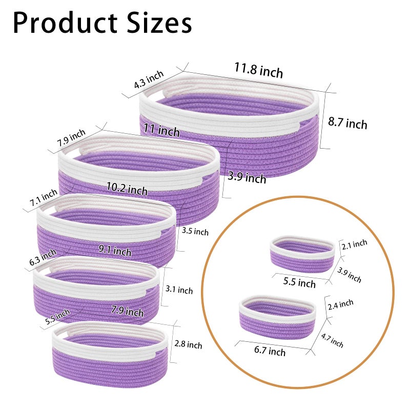 HLWDFLZ 7 Piece Cotton Rope Woven Basket Set - Small Basket for Baby Nursery, Pets, Montessori, Dog & Cat Toy Boxes, Bathroom Organization Bins (White/Purple) - Image 2