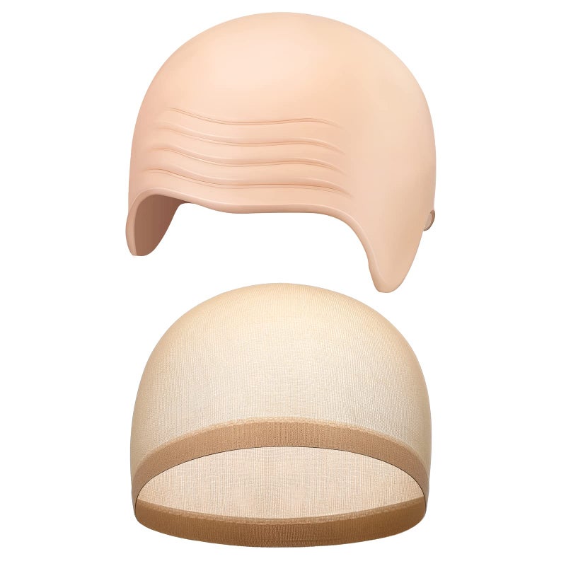 Syhood 2 Pieces Latex Bald Cap with Nylon Wig Caps Set Makeup Bald Head Wig Cap Halloween Cosplay Costume for AdultsBeigeLarge - Image 2