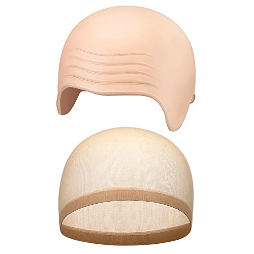 Syhood 2 Pieces Latex Bald Cap with Nylon Wig Caps Set Makeup Bald Head Wig Cap Halloween Cosplay Costume for AdultsBeigeLarge - Image 1