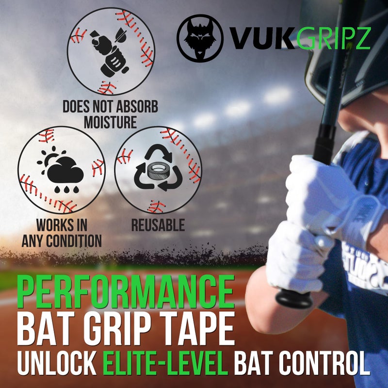 VukGripz Legacy Black Baseball Bat Grip Tape - Non-Sticky, Friction-Based, Moisture-Wicking Softball Bat Tape Grip, Non-Slip, Reusable, Boosts Speed & Control, Durable Grippy Wrap, Made in USA - Image 4