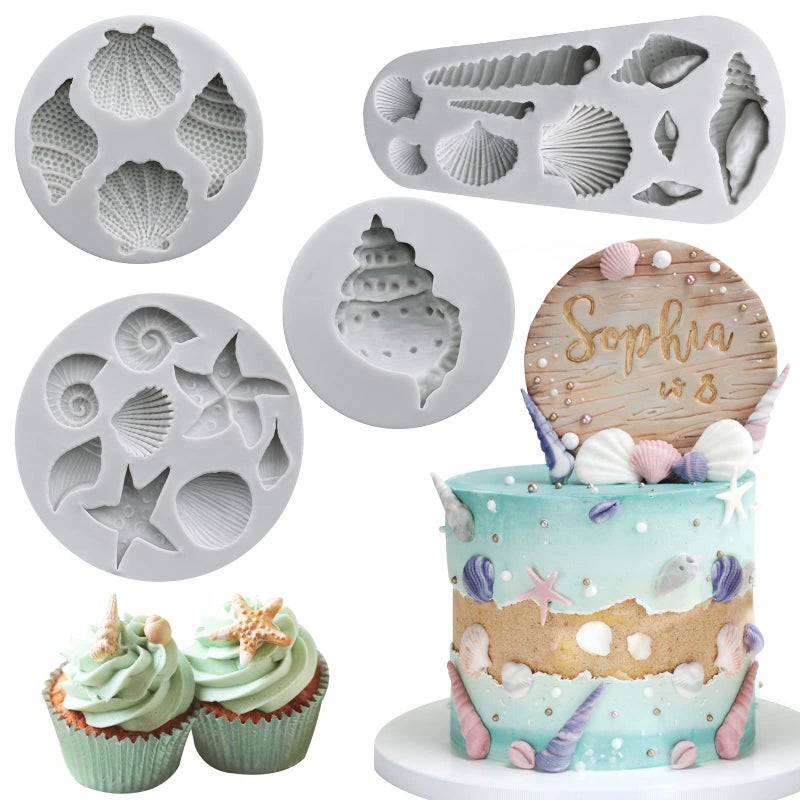 Sakolla Marine Theme Fondant Molds 4 PCS Seashell Conch Starfish Baking Silicone Molds for Cake Decoration Chocolate Soap Crafting