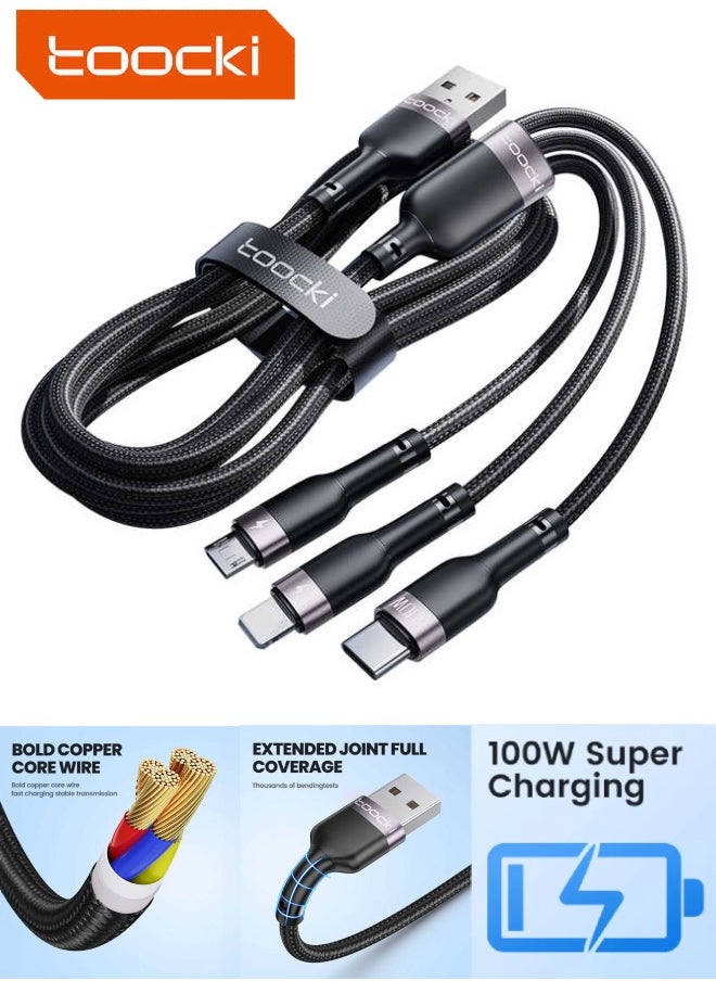 كابل Toocki 3 في 1 للشحن المتعدد (USB-A إلى Micro USB وUSB-C بقوة 100 واط وLightning)، بطول 1.2 متر – مضفر بنسيج نايلون متين، شحن سريع (أسود) – متوافق مع Samsung وXiaomi وHuawei وOppo والمزيد (غير متوافق مع iPhone 15/16)  - Image 1