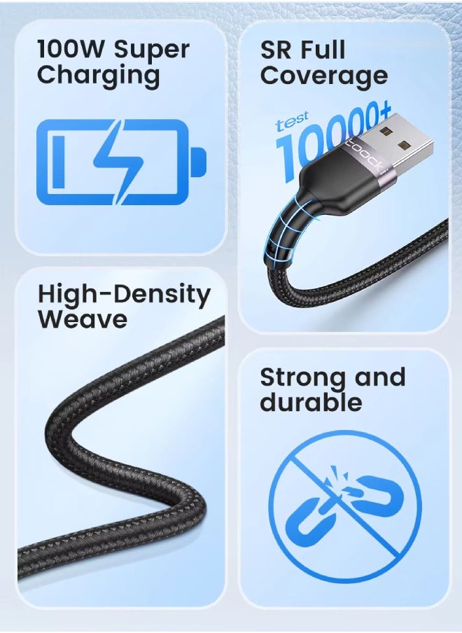 كابل Toocki 3 في 1 للشحن المتعدد (USB-A إلى Micro USB وUSB-C بقوة 100 واط وLightning)، بطول 1.2 متر – مضفر بنسيج نايلون متين، شحن سريع (أسود) – متوافق مع Samsung وXiaomi وHuawei وOppo والمزيد (غير متوافق مع iPhone 15/16)  - Image 3