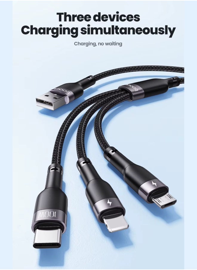 كابل Toocki 3 في 1 للشحن المتعدد (USB-A إلى Micro USB وUSB-C بقوة 100 واط وLightning)، بطول 1.2 متر – مضفر بنسيج نايلون متين، شحن سريع (أسود) – متوافق مع Samsung وXiaomi وHuawei وOppo والمزيد (غير متوافق مع iPhone 15/16)  - Image 2