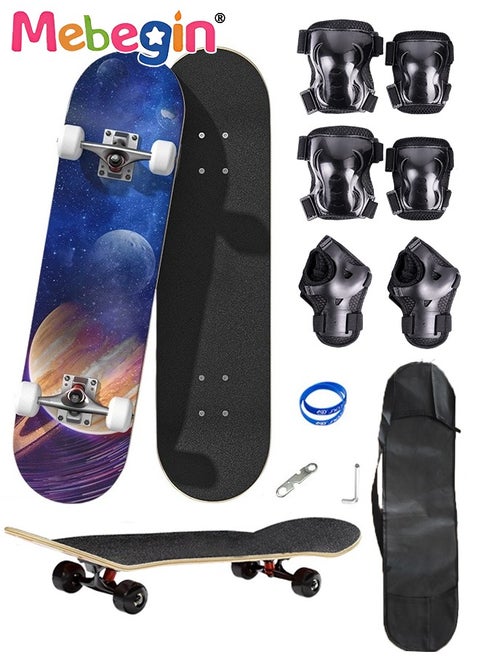 78*20cm Skateboard Set with Storage Bag and 6PCS Protect Gear, 7-ply Maple Deck Skate Board with Durable Deck and Smooth Wheels, Easy to Ride and Stop, Suitable for All Types of People
