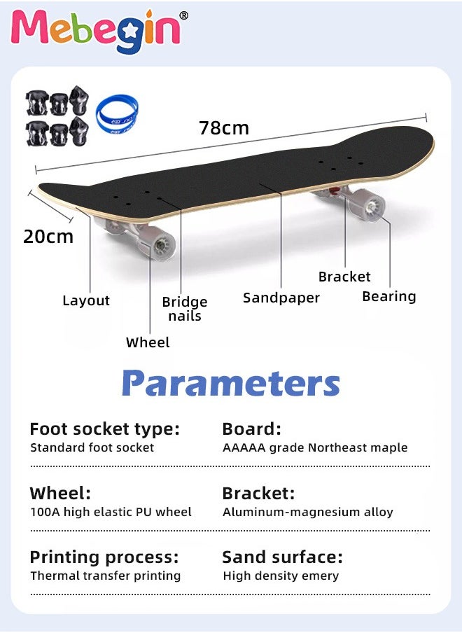 MEBEGIN - 78*20cm Skateboard Set with Storage Bag and 6PCS Protect Gear, 7-ply Maple Deck Skate Board with Durable Deck and Smooth Wheels, Easy to Ride and Stop, Suitable for All Types of People - Image 1