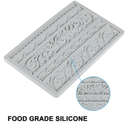 Neepanda DIY Baroque Scroll Relief Cake Border Silicone Molds, Baroque Style Curlicues Scroll Lace Fondant Silicone Mold, European Frame Cake Decorating Tools, Relief Flower Lace Mould Mat(Gray) - Image 5