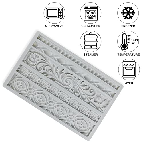 Neepanda DIY Baroque Scroll Relief Cake Border Silicone Molds, Baroque Style Curlicues Scroll Lace Fondant Silicone Mold, European Frame Cake Decorating Tools, Relief Flower Lace Mould Mat(Gray) - Image 3