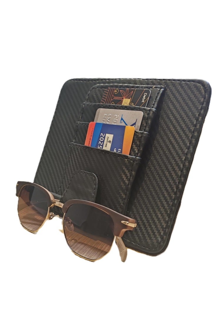 منظم واقي الشمس من الجلد للسيارة - مساحة تخزين واقي الشمس من الجلد الصناعي مع فتحات للبطاقات، وجيب شبكي، ومشبك مغناطيسي للنظارات الشمسية، وحامل أقلام - مناسب للسيارات وسيارات الدفع الرباعي (ألياف الكربون السوداء، صغير) - Image 1