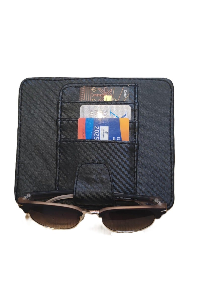 منظم واقي الشمس من الجلد للسيارة - مساحة تخزين واقي الشمس من الجلد الصناعي مع فتحات للبطاقات، وجيب شبكي، ومشبك مغناطيسي للنظارات الشمسية، وحامل أقلام - مناسب للسيارات وسيارات الدفع الرباعي (ألياف الكربون السوداء، صغير) - Image 2