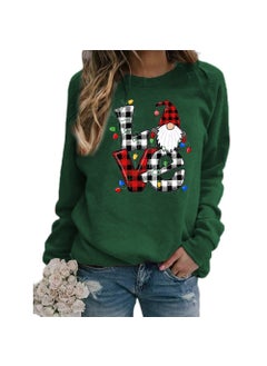 Christmas Santa Claus Plaid Love Print round Neck Long Sleeve Sweatshirt Jacket Womens European Size Street Style Polyester Green